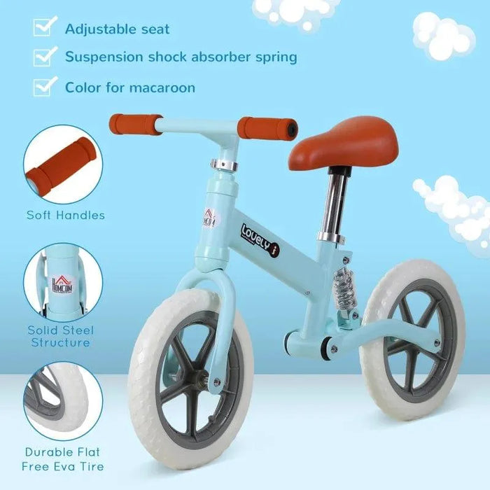 Blue no-pedal balance bike with adjustable seat, metal frame, and white EVA tires
