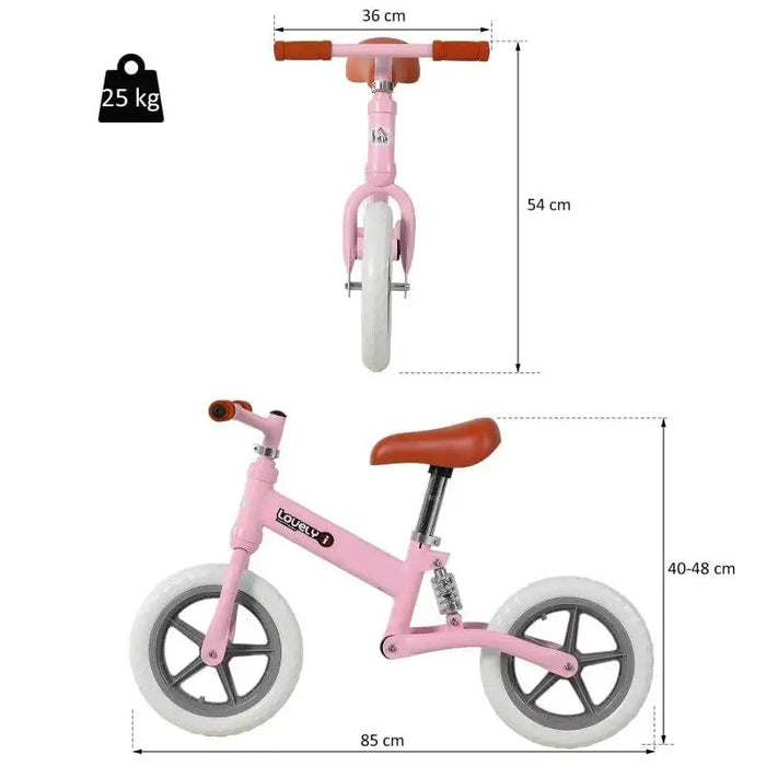 Pink no-pedal balance bike with adjustable seat, lightweight frame, and size measurements