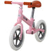 Pink no-pedal balance bike with adjustable seat and white wheels, lightweight metal frame