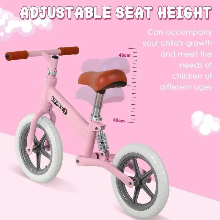 Pink no-pedal balance bike with adjustable seat height for kids, lightweight metal frame