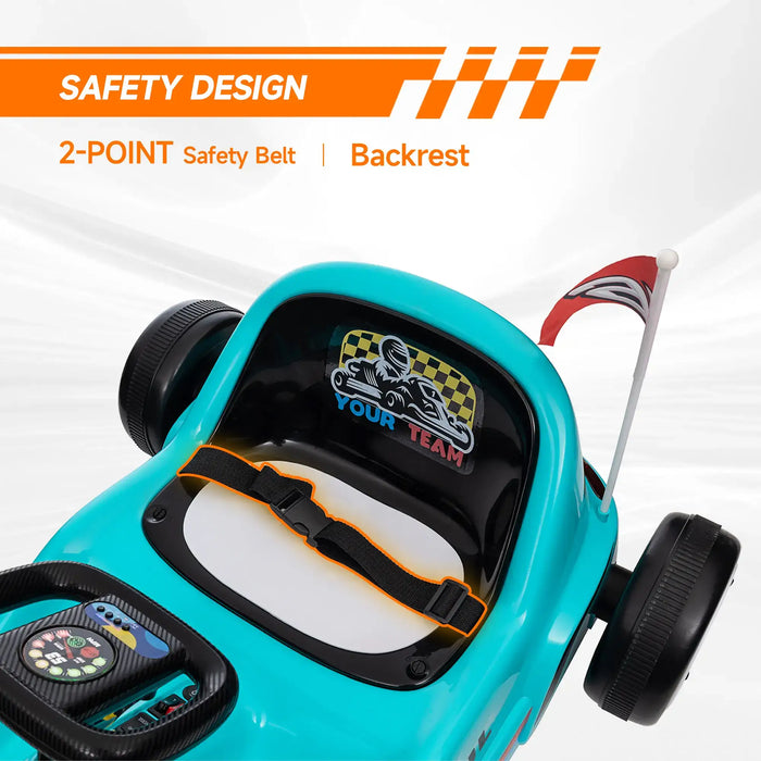 Children's toy car with safety belt and backrest design on a white background
