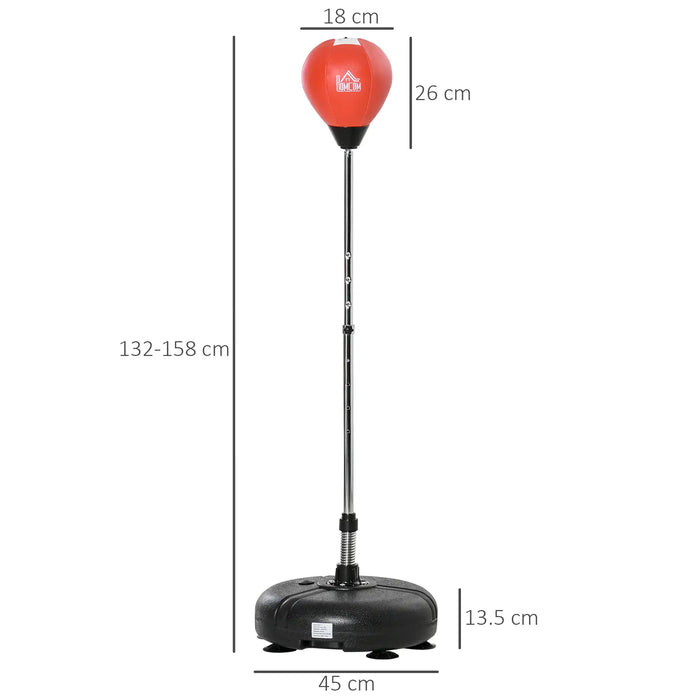 Adjustable freestanding red punching bag with black base and height measurements
