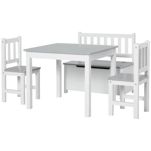 4-Piece Kids Table and Chair Set with 2 Wooden Chairs and 1 Storage Bench - Little and Giant Explorers HOMCOM