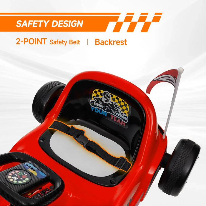 Red toy car with safety features on a white background