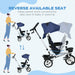 Stroller with reversible seat feature, showing how it can be used by a parent and child.