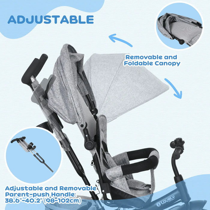 Gray stroller with adjustable and removable features on a light blue background