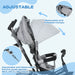 Gray stroller with adjustable and removable features on a light blue background