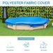 A round, sand-colored Outsunny outdoor kids sandbox covered with a blue polyester fabric cover set against a backdrop of a lush green hedge. Icons indicate protection against weather, debris, and animals.