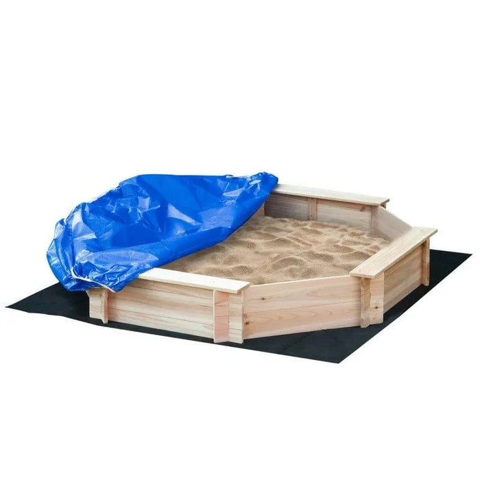 A wooden kids sandbox filled with sand, covered partially with an Outsunny Sandbox with Cover, placed on a black mat on a white background.