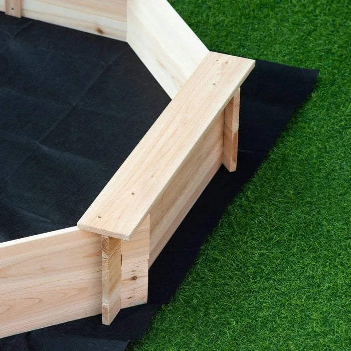 Outsunny Wooden raised Sandbox with Cover on artificial grass, showing detailed construction and design.