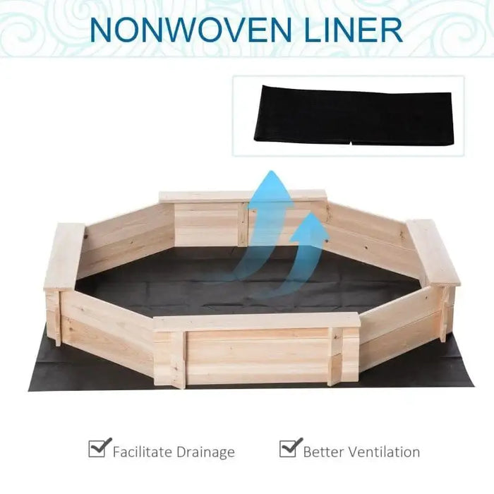 An octagonal wooden Sandbox with Cover from Outsunny, featuring a bottomless design and a nonwoven black liner on a gray background, with icons for "facilitate drainage" and "better ventilation" with upward blue.
