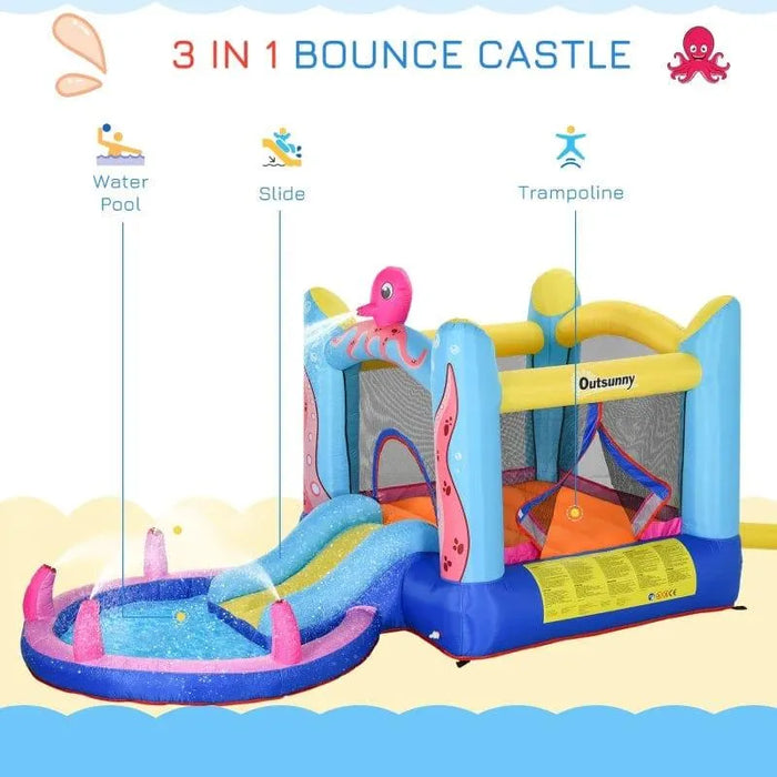 Octopus inflatable bouncy castle with water pool, slide, and trampoline in sea world theme