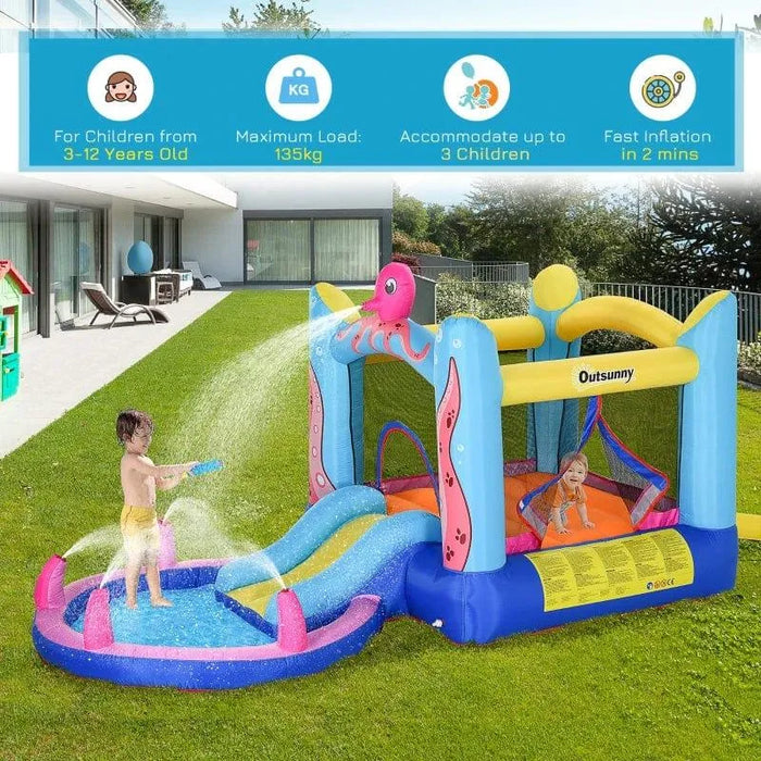 Outdoor octopus inflatable bouncy castle with water slide and splash pool, two children playing