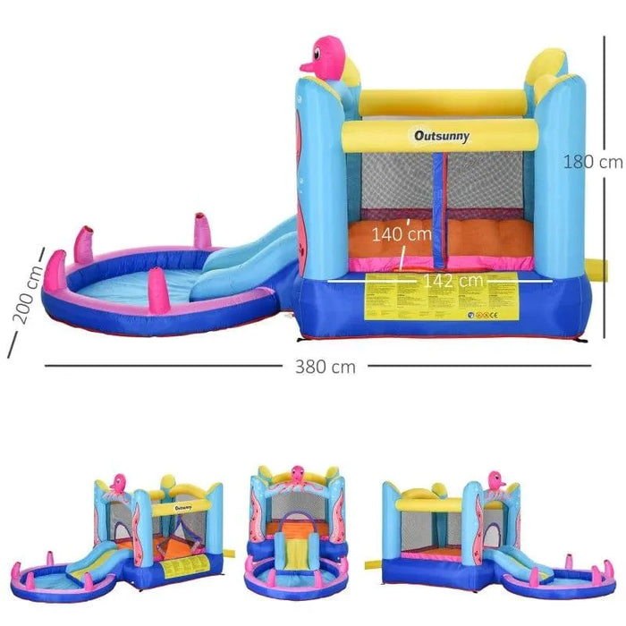 Octopus inflatable bouncy castle with slide and pool, sea world theme, Outsunny, product dimensions shown