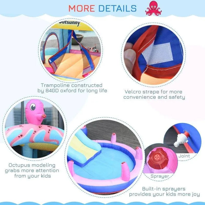 Octopus inflatable bouncy castle sea world theme with trampoline, sprayer, and slide details