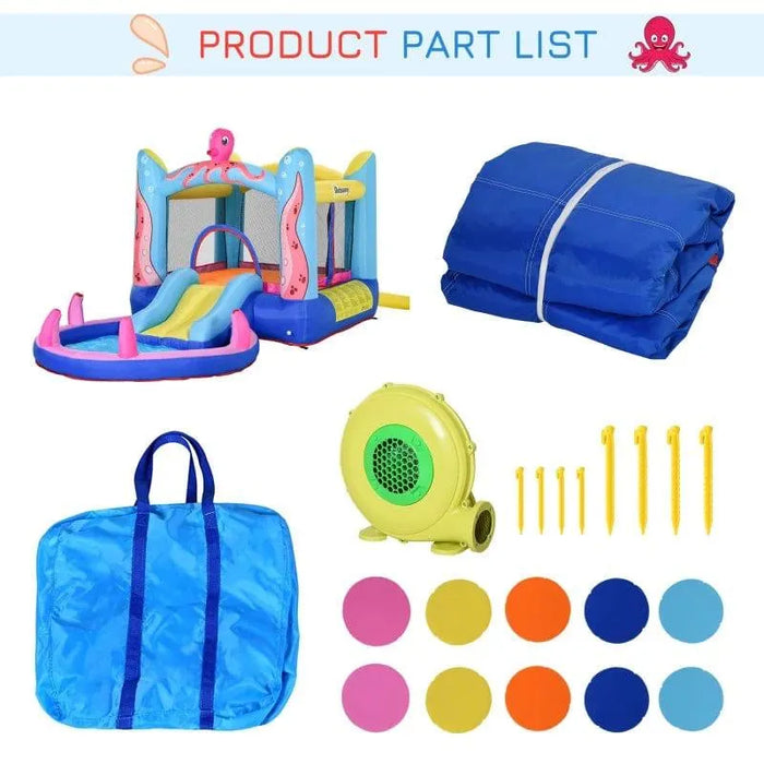 Octopus inflatable bouncy castle with slide, accessories, sea world theme playset parts.