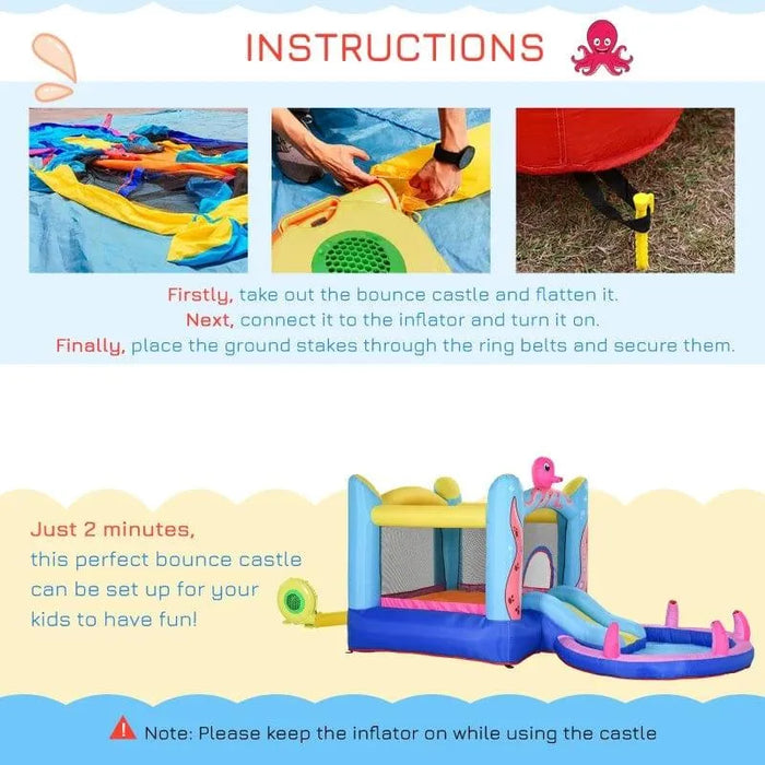 Octopus inflatable bouncy castle with slide, sea theme, blower and setup instructions visible