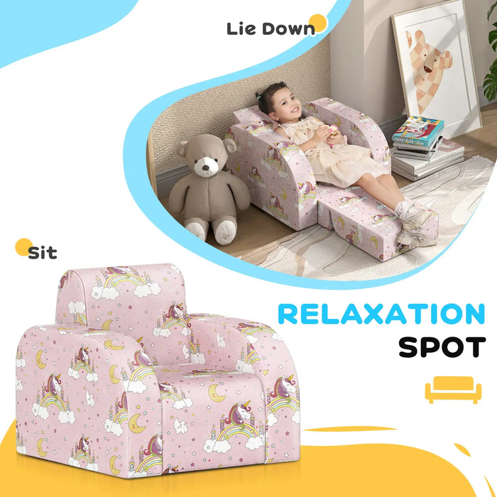 Pink unicorn and rainbow kids armchair shown sitting and lying down with child and teddy bear nearby