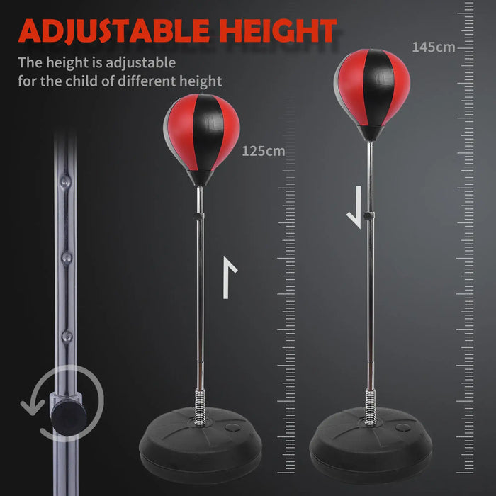 Adjustable height red and black punching ball for children, shown at 125cm and 145cm with measuring scale