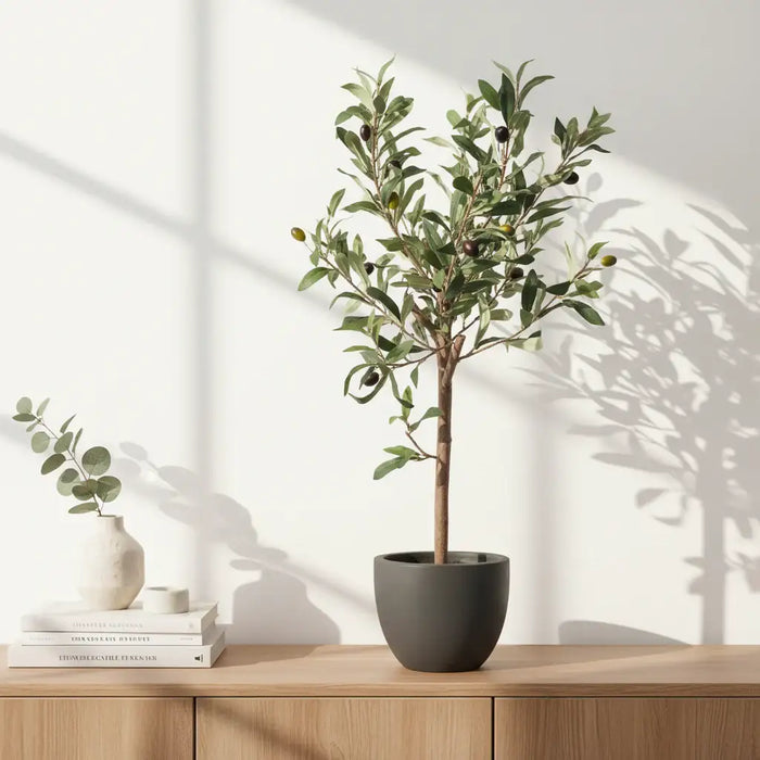 Potted olive tree with green leaves and small fruits on a shelf in a plush setting