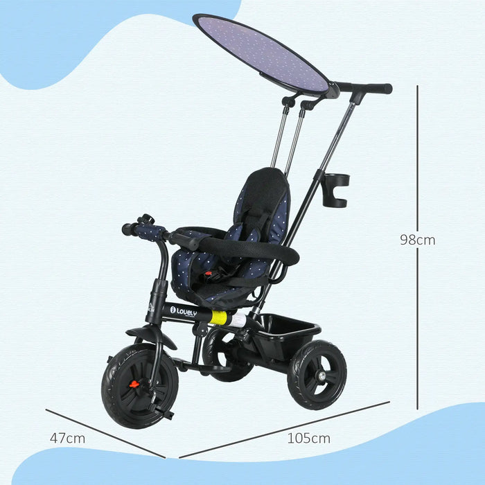 Children's tricycle with canopy on a white background