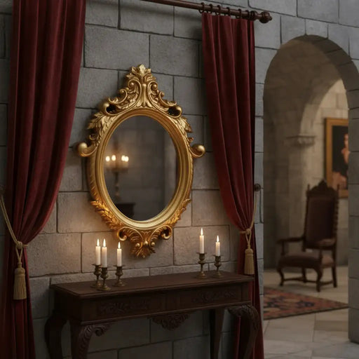 Decorative interior with a gold mirror, candles, and red curtains in a stone-walled room.