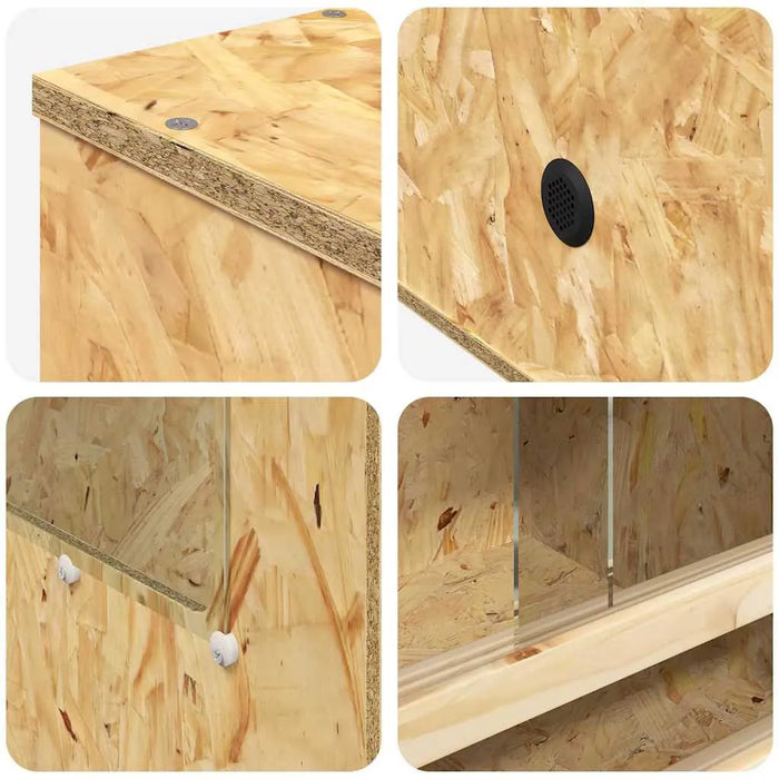 Collage of a wooden storage box with various angles and details.