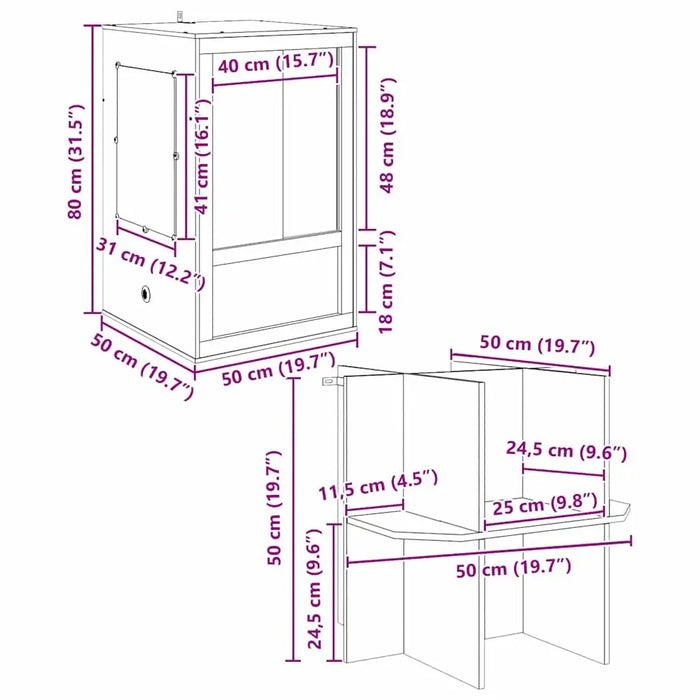 Dimensions of a small cabinet and table on a white background