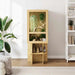 Wooden display cabinet with plants and decor items in a room setting.