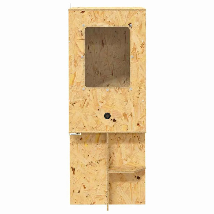 Wooden bird house with a rectangular entrance hole on a white background