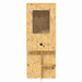 Wooden bird house with a rectangular entrance hole on a white background