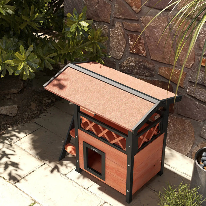 Cat House with Balcony and Stairs in Brown - Little and Giant Explorers PawHut