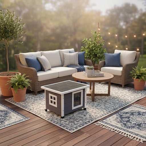 Grey and white outdoor wooden cat house with bitumen roof on cozy patio with wicker furniture