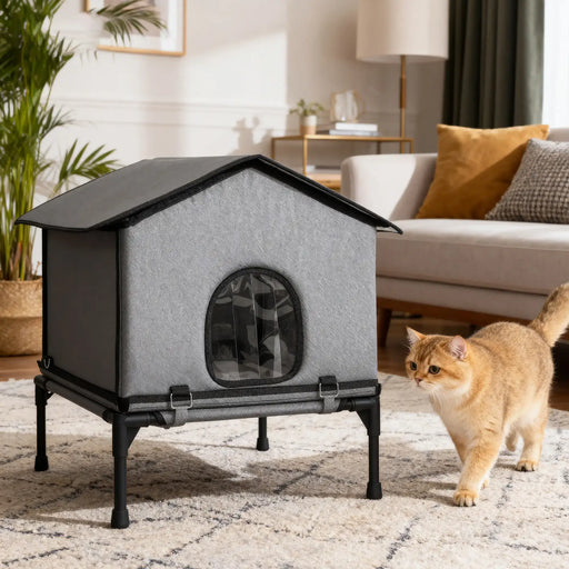 Outdoor Cat House – Grey | Elevated 2-in-1 Shelter and Raised Bed - For Cats up to 5kg PAWHUT - Little and Giant Explorers PawHut