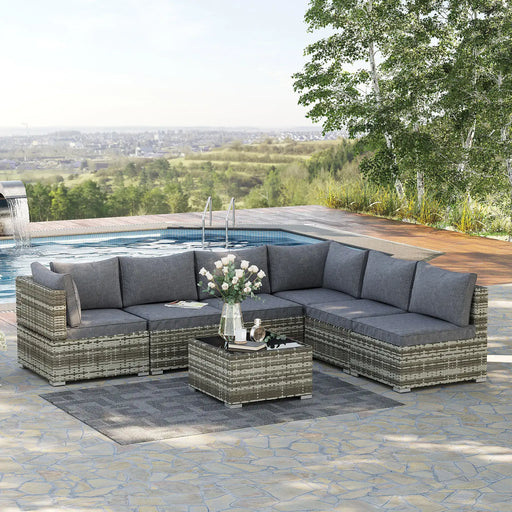 Outdoor Corner Sofa Dark Grey | Tempered Glass Coffee Table and Padded Cushions - Little and Giant Explorers Outsunny