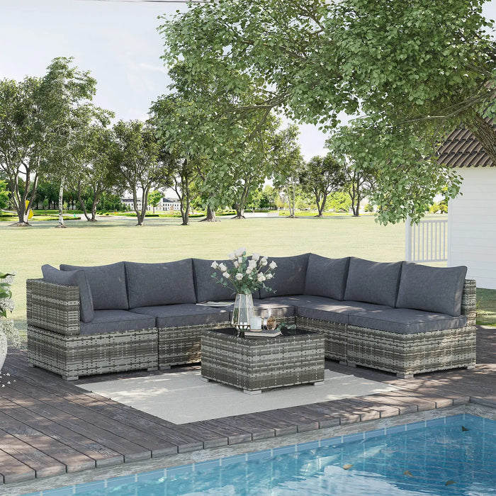Outdoor Corner Sofa Dark Grey | Tempered Glass Coffee Table and Padded Cushions - Little and Giant Explorers Outsunny