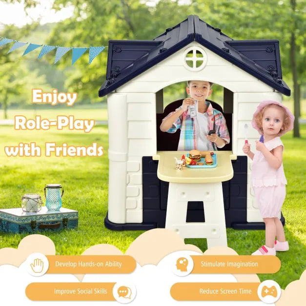 Outdoor Cottage Playhouse with Picnic Table and Food Toy Set in Blue - Little and Giant Explorers Costway