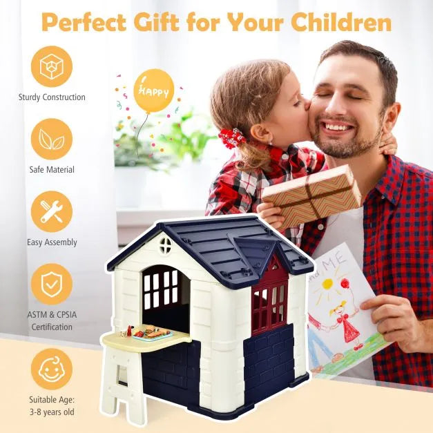 Outdoor Cottage Playhouse with Picnic Table and Food Toy Set in Blue - Little and Giant Explorers Costway