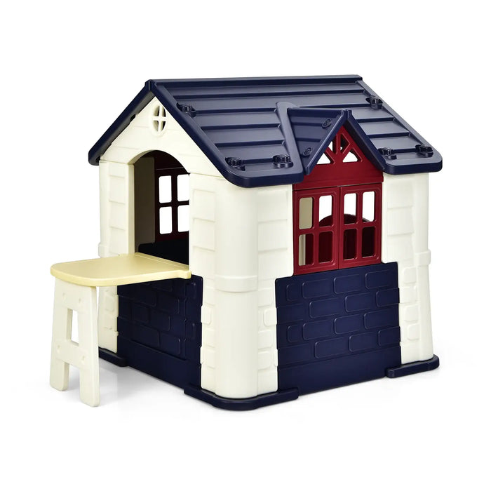 Outdoor Cottage Playhouse with Picnic Table and Food Toy Set in Blue - Little and Giant Explorers Costway