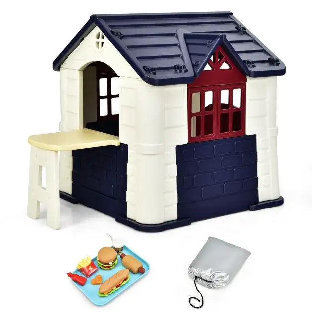 Outdoor Cottage Playhouse with Picnic Table and Food Toy Set in Blue - Little and Giant Explorers Costway