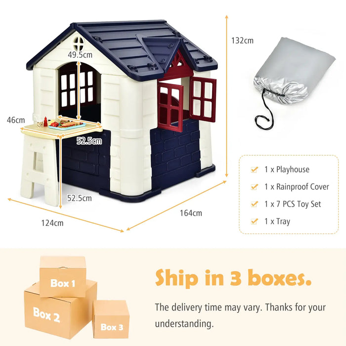 Outdoor Cottage Playhouse with Picnic Table and Food Toy Set in Blue - Little and Giant Explorers Costway