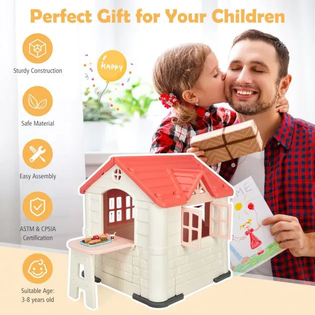 Outdoor Cottage Playhouse with Picnic Table and Food Toy Set in Orange - Little and Giant Explorers Costway