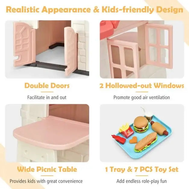 Outdoor Cottage Playhouse with Picnic Table and Food Toy Set in Orange - Little and Giant Explorers Costway