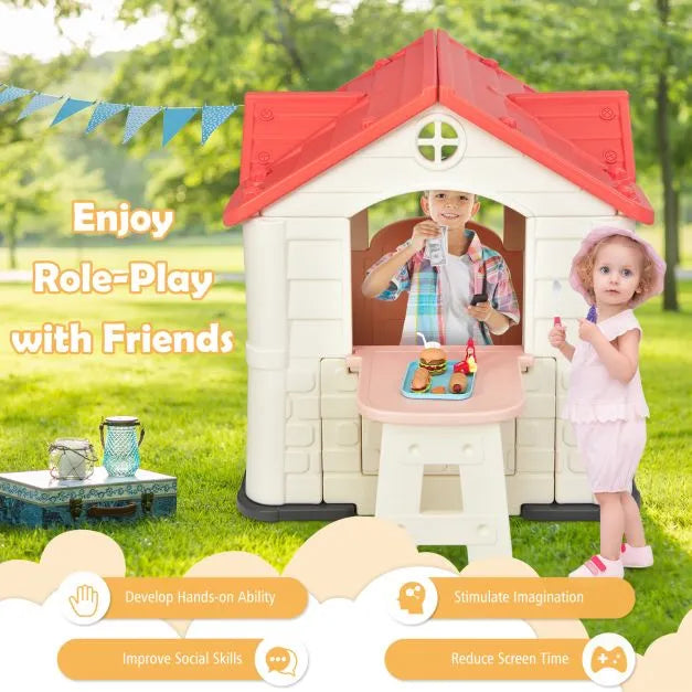 Outdoor Cottage Playhouse with Picnic Table and Food Toy Set in Orange - Little and Giant Explorers Costway