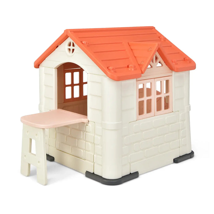 Outdoor Cottage Playhouse with Picnic Table and Food Toy Set in Orange - Little and Giant Explorers Costway