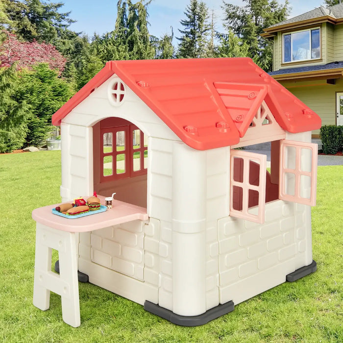 Outdoor Cottage Playhouse with Picnic Table and Food Toy Set in Orange - Little and Giant Explorers Costway