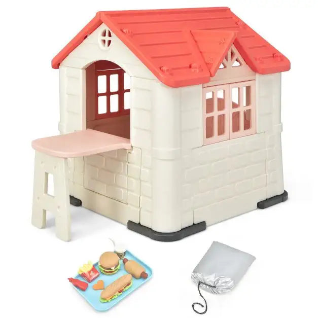 Outdoor Cottage Playhouse with Picnic Table and Food Toy Set in Orange - Little and Giant Explorers Costway