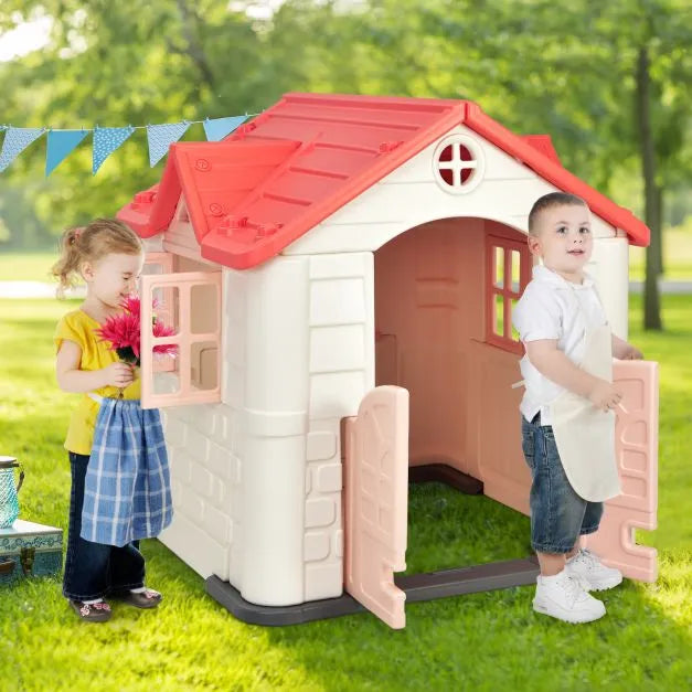 Outdoor Cottage Playhouse with Picnic Table and Food Toy Set in Orange - Little and Giant Explorers Costway