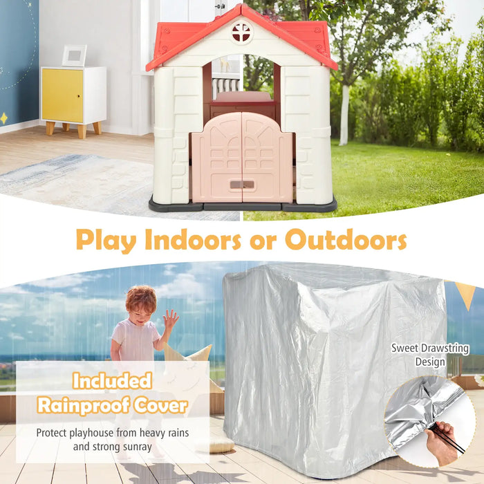 Outdoor Cottage Playhouse with Picnic Table and Food Toy Set in Orange - Little and Giant Explorers Costway