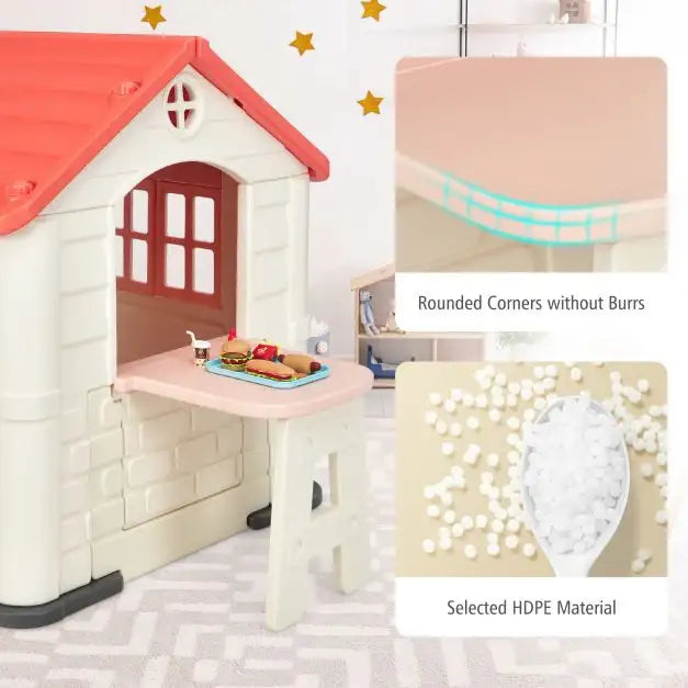 Outdoor Cottage Playhouse with Picnic Table and Food Toy Set in Orange - Little and Giant Explorers Costway